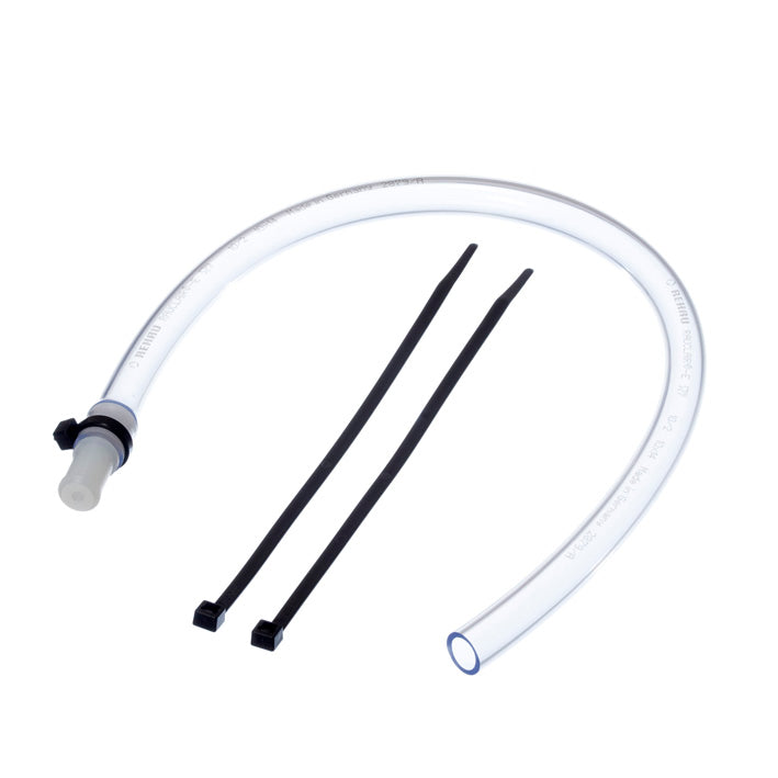 A clear hose with a black shampoo reducing valve from Diversey Deutschland GmbH & Co. OHG and two black cable ties on a white background - ideal for reducing shampoo consumption and supporting sustainability.