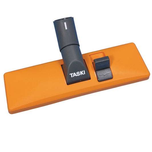 Eine orangefarbene rechteckige Universalstaubdüse (30cm) von Diversey, kompatibel mit TASKI bora 12 und dorsalino, mit einem grauen "TASKI"-Aufsatz und einem schwarzen Schalter auf der rechten Seite. Packung: 1 Stück.