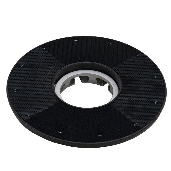 A black, round drive plate (35 cm) from Diversey Deutschland GmbH & Co. OHG, with a central metal hub and mounting holes, compatible with swingo 2500 and for use with cleaning and polishing pads; pack of 1 piece, pictured on a white background.