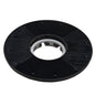 A black, round drive plate (35 cm) from Diversey Deutschland GmbH & Co. OHG, with a central metal hub and mounting holes, compatible with swingo 2500 and for use with cleaning and polishing pads; pack of 1 piece, pictured on a white background.