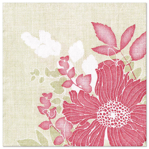 Nahaufnahme einer Serviette PAPSTAR 50 Servietten "ROYAL Collection" 1/4-Falz 40 x 40 cm in Fuchsia von PAPSTAR GmbH, vor einem strukturierten Hintergrund mit einer großen fuchsiafarbenen Blüte, roten und weißen Blättern und gedämpften grünen und weißen Stielen.