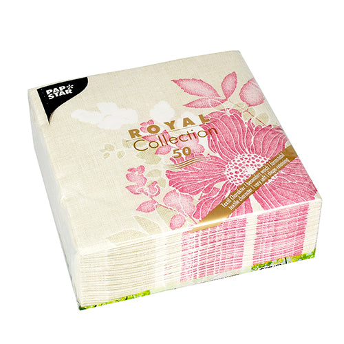 Die PAPSTAR 50 Servietten "ROYAL Collection" 1/4-Falz 40 x 40 cm in fuchsia der PAPSTAR GmbH sind eine elegante Verpackung mit floralem Design, perfekt für stilvolle Anlässe.