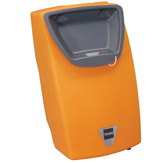 Ein orangefarbener 12-Liter-Wassertank von Diversey Deutschland mit grauer Abdeckplatte und TASKI-Logo - passend für TASKI ergodisc 165/200/duo. Perfekt für die Kombination mit Ihrer Reinigungsmaschine.