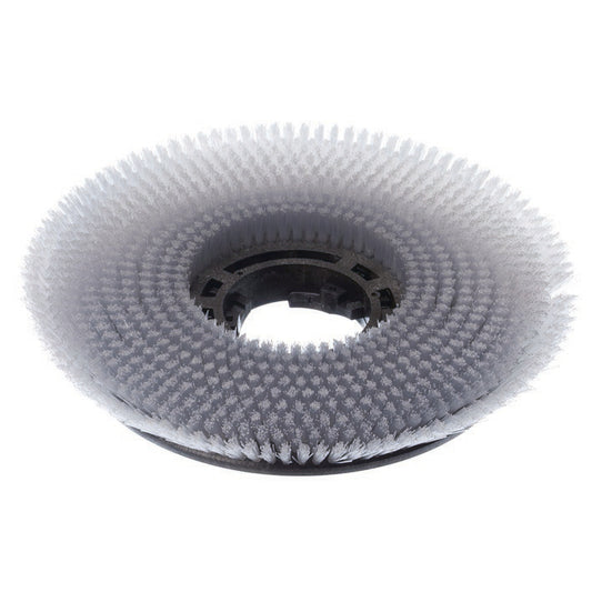 Die Diversey Scheuerbürste Nylon (43 cm) ist eine runde, graue Bürste mit strapazierfähigen Nylonborsten und einer zentralen Öffnung zur Verwendung mit gewerblichen Reinigungsmaschinen. Packung: 1 Stück.