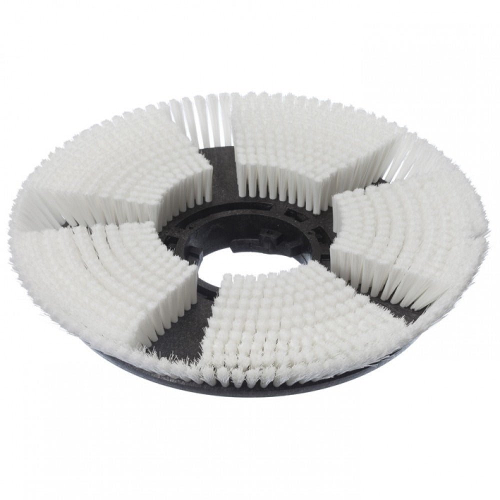 Diversey dry-shampooing brush, Ø 43 cm, for TASKI ergodisc 165: Round black plastic brush with radially arranged white bristles and center opening. Ideal for carpet cleaning. The package contains 1 piece.