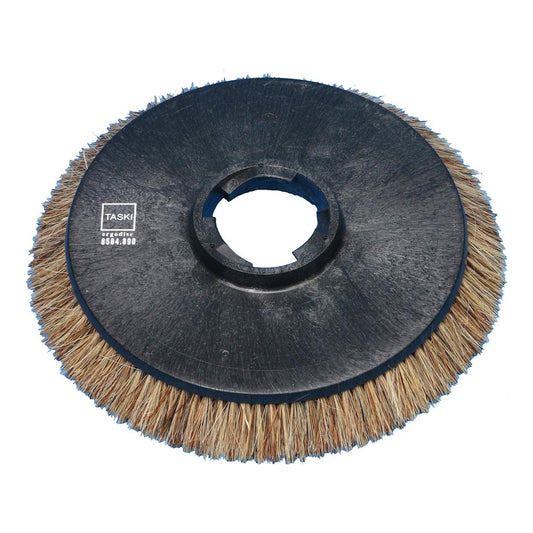 Eine runde, schwarze Polierbürste (Ø 43 cm) mit braunen Borsten und einem zentralen Befestigungsloch, für TASKI ergodisc 165/200/duo Parkettböden. Etikett: "TASKI original 8504.490". Marke: Diversey Deutschland GmbH & Co. OHG.