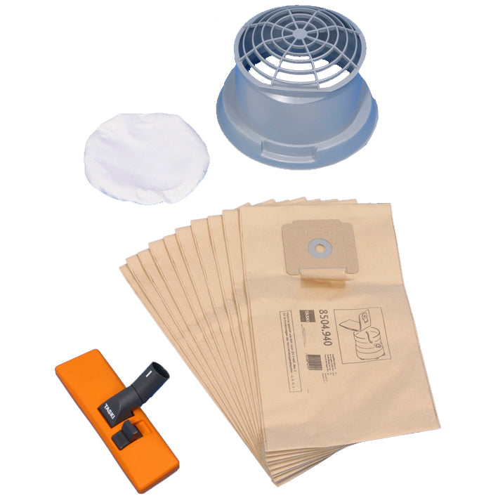 Das Zubehörset Trockensaugen für vacumat 22 von Diversey enthält eine Universalstaubdüse, einen Doppelfilterpapiersack, einen Filterkorb und ein Filtertuch - alles in einem Paket (1 Stück).