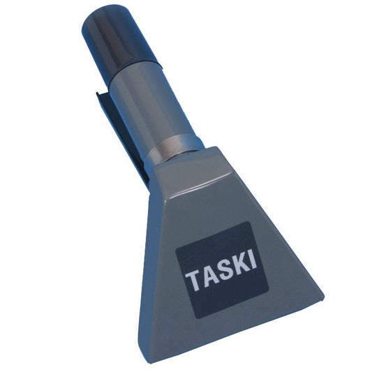 Die Handdüse für TASKI aquamat von Diversey Deutschland GmbH & Co. OHG ist eine graue Teppichreinigungsdüse mit breiter, flacher Öffnung und zylindrischem Anschluss-ideal für effiziente Reinigung (Packung: 1 Stück).