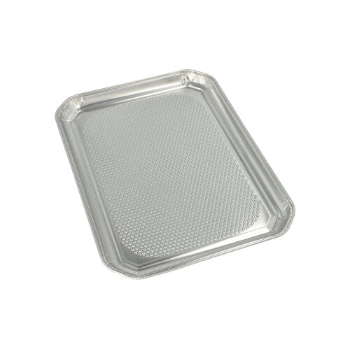 Die Starpak 3 Servierplatten, Alu von Starpak sind rechteckige Einweg-Aluminiumtabletts mit erhöhten Rändern und strukturiertem Boden, ideal für elegante Präsentationen oder als Servierplatten, abgebildet auf weißem Hintergrund.