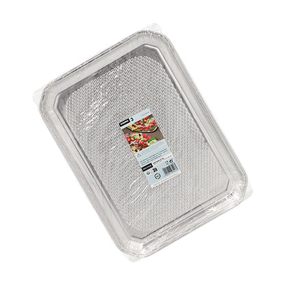 Starpak 3 Servierplatten, Alu: Eine Packung mit drei rechteckigen Einweg-Aluminiumplatten von Starpak, in Plastik eingewickelt und mit einer beschrifteten Verpackung mit einem appetitlichen Lebensmittelbild für eine elegante Präsentation.