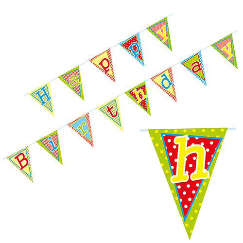 Die PAPSTAR GmbH Wimpelkette, 4m „Happy Birthday“ aus Papier, bietet bunte, bemalte Wimpel mit verschiedenen Mustern – ideal für Geburtstagsfeiern. Ein Beutel enthält eine Girlande (1 Stück).