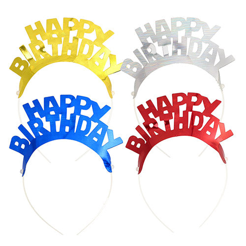 4-piece set of plastic headbands "Metallic" from PAPSTAR GmbH with the inscription "HAPPY BIRTHDAY" in yellow, silver, blue, and red - ideal for parties. Arranged in two rows. Product name: PAPSTAR 4 headbands color assorted "Metallic".