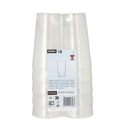 Starpak 10 Mehrweg-Trinkbecher der Marke Starpak sind in Plastik verpackt. Das Etikett enthält Produktinfos, Barcode sowie Symbole für umweltfreundliche Wiederverwendung und die ungeeignete Nutzung für Heißgetränke.