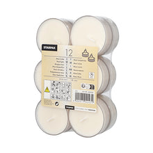 A transparent plastic packaging with 12 Starpak Maxi tealights (Ø 55 mm, 20 mm, white) with approximately 8 hours of burning time, each in a polycarbonate holder. The label shows the brand, product details, application symbols, safety instructions, and a barcode.