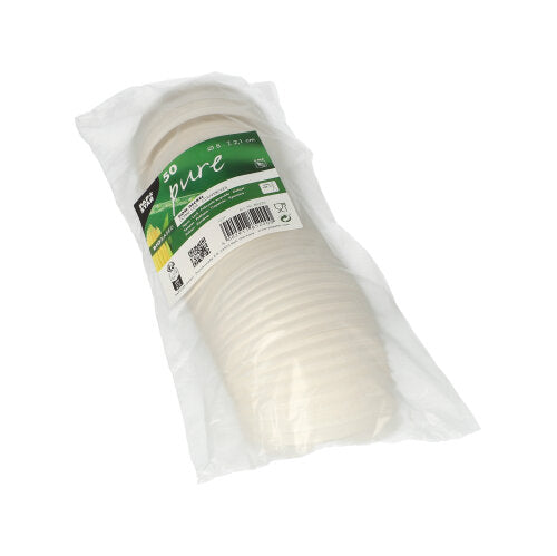Eine in durchsichtige Plastikfolie eingewickelte Packung mit 50 weißen runden C-PLA-Deckeln (2,1 cm hoch) der PAPSTAR GmbH mit der Aufschrift „PAPSTAR“ verfügt über ein grün-weißes Branding mit Recyclingsymbolen für umweltfreundliche Lösungen zum Servieren von Getränken.