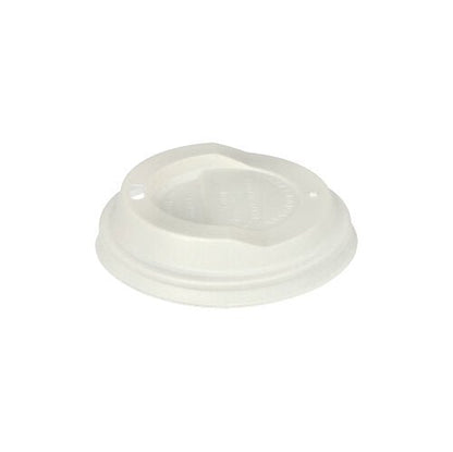 The 50 dome lid C-PLA lid from PAPSTAR GmbH, white, 2.1 cm high, biodegradable, features a raised center with small drinking and ventilation holes; depicted against a simple white background.