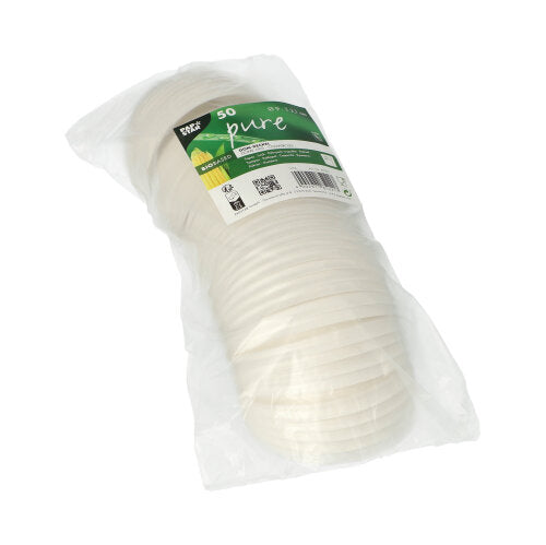Ein Stapel von 50 weißen PAPSTAR C-PLA-Runddeckeln (2,1 cm hoch) der PAPSTAR GmbH, übersichtlich verpackt mit Recycling- und Kompostiersymbolen, bietet eine umweltfreundliche, biologisch abbaubare Lösung.