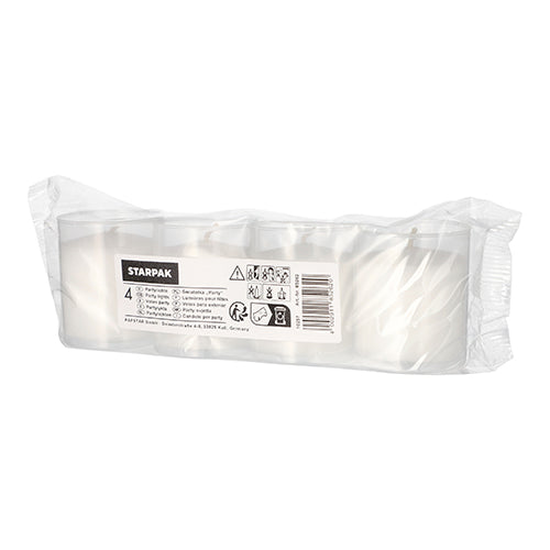 Eine transparente Kunststoffverpackung enthält 4 weiße Starpak Partylichte-Kerzen (Ø 5 cm, 6,5 cm) in einer Reihe. Das Etikett zeigt Produktinformationen, Sicherheitssymbole und einen Barcode – perfekt für besondere Anlässe oder als Partylichte.