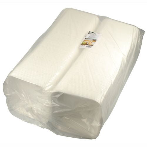 Eine große XXL-Packung mit 100 weißen Starpak Hamburger-Boxen (XPS, 11x20x20 cm, laminiert) in Plastikfolie verpackt mit einem oberen Etikett mit Produktinformationen und Lebensmittelbild; ideal zum Servieren mit expandiertem Polystyrolbehältern.