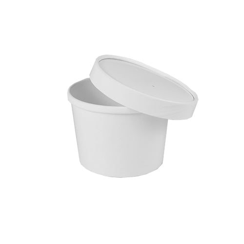 Der Starpak 50 Suppenbecher, Pappe "To Go" rund weiss von Starpak ist ein schlichter, weißer Lebensmittelbehälter mit passendem Deckel, ideal für Mahlzeiten zum Mitnehmen. Er ist leer und leicht schräg auf weißem Hintergrund abgebildet.