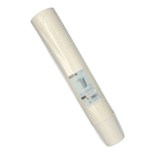 Eine Packung mit 50 runden weißen Starpak Suppenbechern To Go aus Karton, in Plastik eingewickelt und mit einem blau-weißen Etikett versehen – perfekt für den umweltfreundlichen Einsatz bei Veranstaltungen oder zum Mitnehmen.