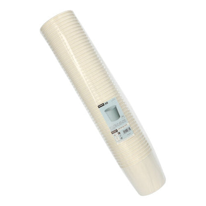 A stack of 50 Starpak soup cups, cardboard "To Go" round white, packed together in a clear sleeve with a label with product details on the side.