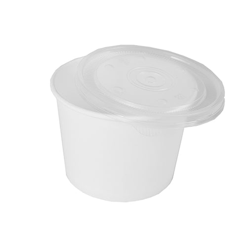 Vor einem weißen Hintergrund ist ein kleiner, umweltfreundlicher Starpak Suppenbecher „To Go“ (rund, weißes Papier) mit einem durchsichtigen Kunststoffdeckel abgebildet.