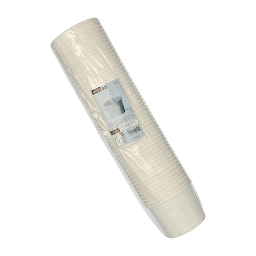 A sealed plastic package with 50 round, white Starpak soup cups made of cardboard "To Go", with product information and a cup illustration on the front, ideal for takeaway.