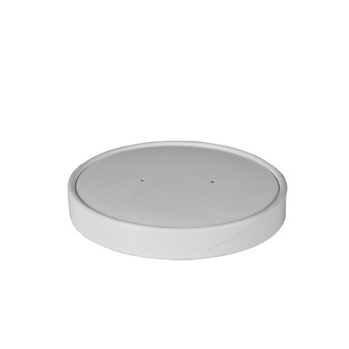 Der Starpak 50 Deckel für Suppenbecher, Pappe „To Go“ rund weiss ist ein schlichter, runder, weißer Deckel mit zwei kleinen Löchern in der Mitte – ideal als umweltfreundliche Verpackung und To Go-Lösung.