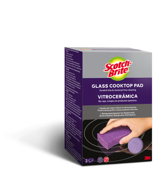Eine 3er-Packung Scotch-Brite™ Glaskeramik-Reinigungsschwämme von 3M Deutschland GmbH, abgebildet in englischer und spanischer Verpackung und entwickelt für die kratzfreie, chemiefreie Reinigung von Kochfeldern.