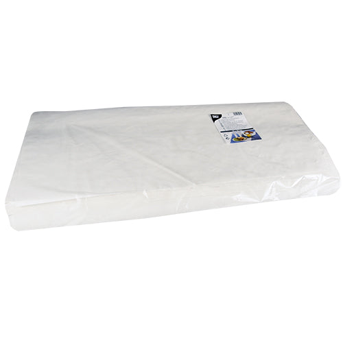 Das PAPSTAR 250 Blatt Papiertischtuch mit Damastprägung, eckig (70x60 cm, weiß), ist in Klarsichtfolie verpackt und trägt oben rechts ein Etikett. Das weiße Tischpapier liegt vor schlichtem Hintergrund.