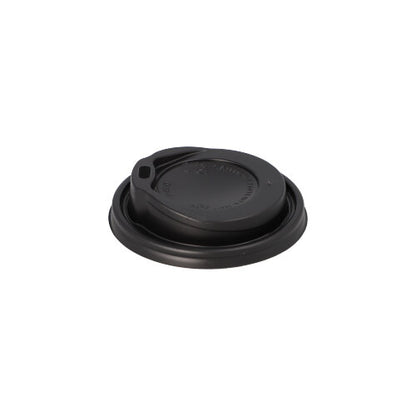 A black Starpak 100 dome lid PS "To Go" round plastic coffee cup lid with a drinking spout, designed for hot drinks on the go, depicted from above on a white background.