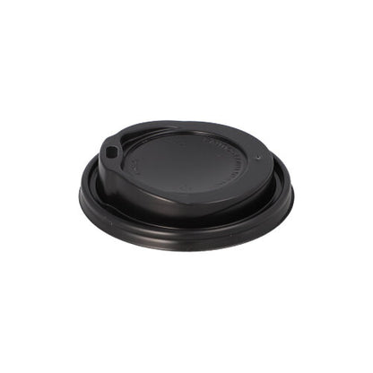 The Starpak 100 dome lid, PS "To Go" round from Starpak is a black coffee cup lid with a small drinking opening and raised edge, ideal for hot drinks on the go. It is designed for disposable cups and depicted on a white background.