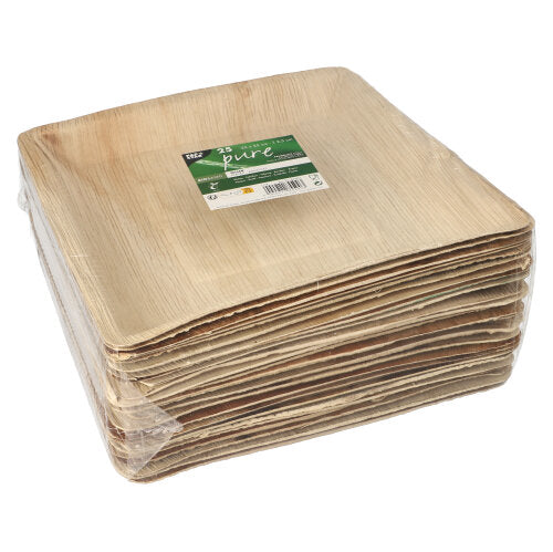 Ein Stapel PAPSTAR 25 Teller, Palmblatt „pure“ von der PAPSTAR GmbH – quadratische, hellbraune Teller aus natürlichen Palmblättern in umweltfreundlicher Verpackung, perfekt als umweltfreundliche Teller für besondere Anlässe.