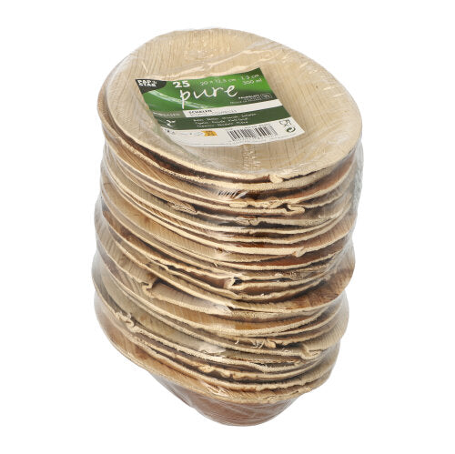 25 ovale Schalen aus Palmblatt (300 ml, 20 x 12,5 x 3 cm) von PAPSTAR GmbH, biologisch abbaubar, in Schrumpffolie verpackt und mit grün-weißem Etikett versehen.