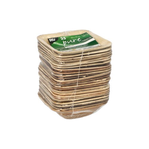 A pack of 25 round PAPSTAR palm leaf bowls "pure" from PAPSTAR GmbH, eco-friendly and ideal for sustainable events, wrapped in clear foil with a green-white label.