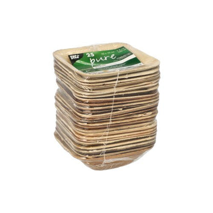 A pack of 25 round PAPSTAR palm leaf bowls "pure" from PAPSTAR GmbH, eco-friendly and ideal for sustainable events, wrapped in clear foil with a green-white label.