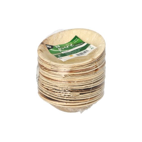 A stack of 25 PAPSTAR bowls, palm leaf "pure" round, from PAPSTAR GmbH, packaged in foil with green-white label. These eco-friendly disposable bowls have a natural look - perfect for sustainable events.