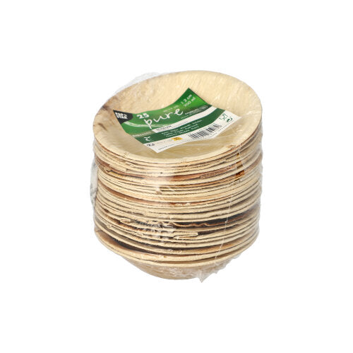 Ein Stapel von 25 PAPSTAR Schalen, Palmblatt „pure“ rund, der PAPSTAR GmbH, in Folie verpackt mit grün-weißem Etikett. Diese umweltfreundlichen Einwegschalen haben eine natürliche Optik – perfekt für nachhaltige Veranstaltungen.