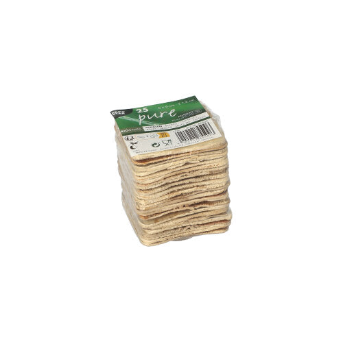 Ein Stapel PAPSTAR 25 Schalen, Palmblatt „pure“ rund von der PAPSTAR GmbH ist in einer Klarsichtverpackung mit grün-weißem Etikett verpackt, ideal für nachhaltige Veranstaltungen auf der Suche nach umweltfreundlichen Einwegschalen. Zu den Produktinformationen gehört ein Barcode.