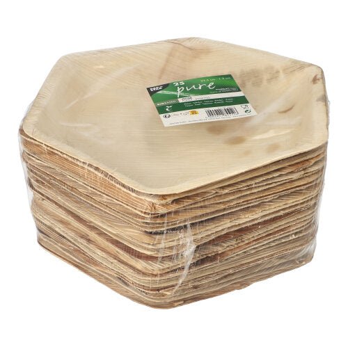 A stack PAPSTAR "Pure" Hexagonal Palm Leaf Plate, 23.5 cm (25 pieces), made of natural palm leaf, wrapped in shrink wrap with a green-and-white label—eco-friendly disposable tableware from PAPSTAR GmbH.