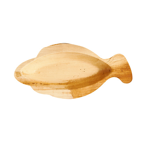 Der PAPSTAR 25 Teller Palmblatt „pure“ (24x11x2,5 cm) der PAPSTAR GmbH ist ein fischförmiger, umweltfreundlicher Palmblattteller mit gleichmäßiger Holzmaserung, von oben auf weißem Untergrund abgebildet (25er-Pack).
