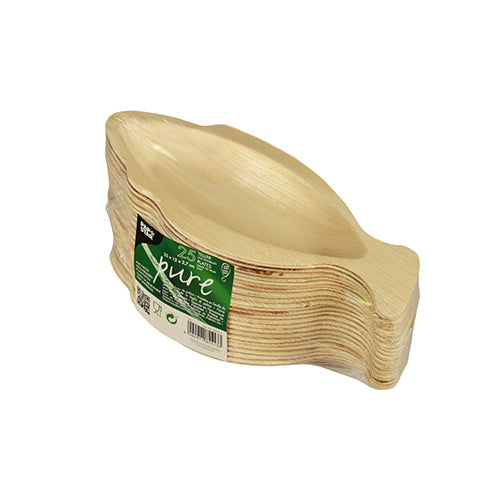 Ein Stapel mit 25 PAPSTAR Palmblatt Einwegtellern „pure“ in Fischform (24x11x2,5cm), aus umweltfreundlichem Material, mit grünem „pure“-Etikett mit Produktinformationen; Marke: PAPSTAR GmbH, verpackt in Schrumpffolie.