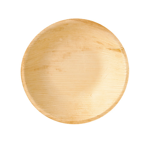 Die PAPSTAR 25 Schalen, Palmblatt „pure“ rund von PAPSTAR GmbH ist eine runde, hellbraune Einwegschale mit glatter Oberfläche und dezentem Maserungsmuster – ideal für nachhaltige Veranstaltungen, fotografiert aus der Vogelperspektive vor weißem Hintergrund.