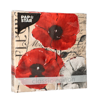 The PAPSTAR GmbH offers a 20-pack of 3-ply napkins (33x33cm, 1/4-fold) in floral set 5 design.