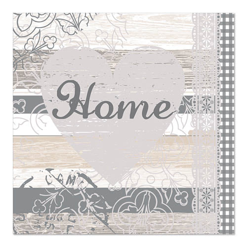 Das Dekoschild PAPSTAR 20 Servietten, 33 cm x 33 cm 3-lagig, Set 4 der PAPSTAR GmbH zeigt ein großes hellgraues Herz mit dem Schriftzug "Home" und rustikale holzähnliche Streifen mit eleganten Spitzenblumenmustern.