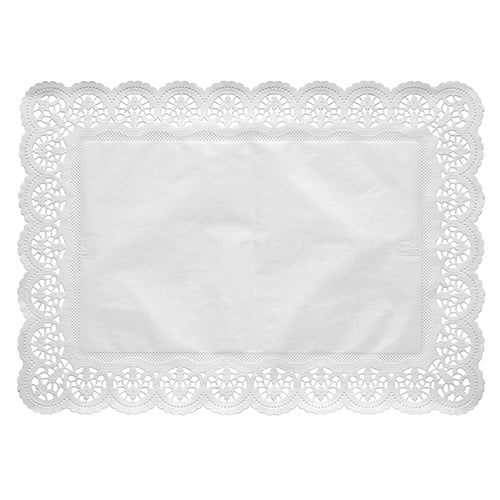 The 100 decorative paper doilies square, white from PAPSTAR GmbH consist of rectangular, white, lace-like doilies with an intricately scalloped edge and a plain center, depicted against a white background.