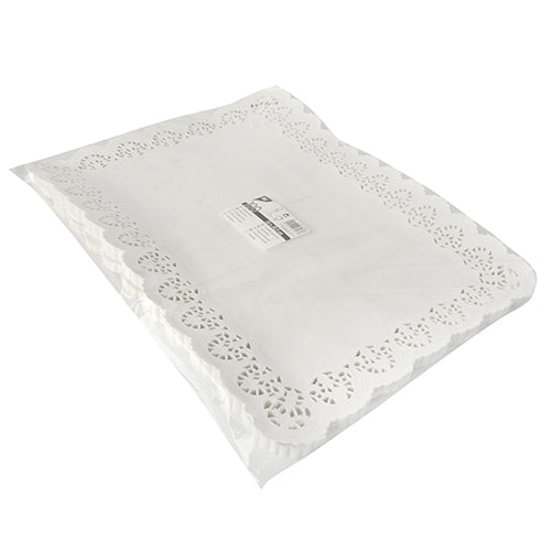 A stack of PAPSTAR 100 decorative paper doilies square, white from PAPSTAR GmbH features decorative scalloped and lace pattern edges and is neatly packaged with a barcode label – ideal as high-quality white doilies.