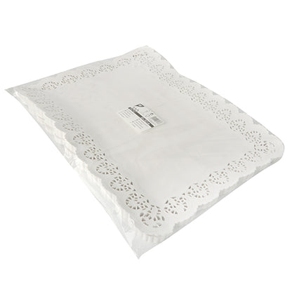 A stack of PAPSTAR 100 decorative paper doilies square, white from PAPSTAR GmbH features decorative scalloped and lace pattern edges and is neatly packaged with a barcode label – ideal as high-quality white doilies.