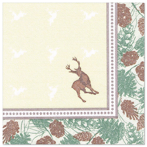Die Serviette "ROYAL Collection" der PAPSTAR GmbH 50 Servietten (40 x 40 cm, 1/4-Falz) ist mit grünen Tannenzweigen und braunen Tannenzapfen umrandet. Die beigefarbene Mitte zeigt einen braunen Hirsch, schwache Formen und einen dünnen grauen Innenrand.